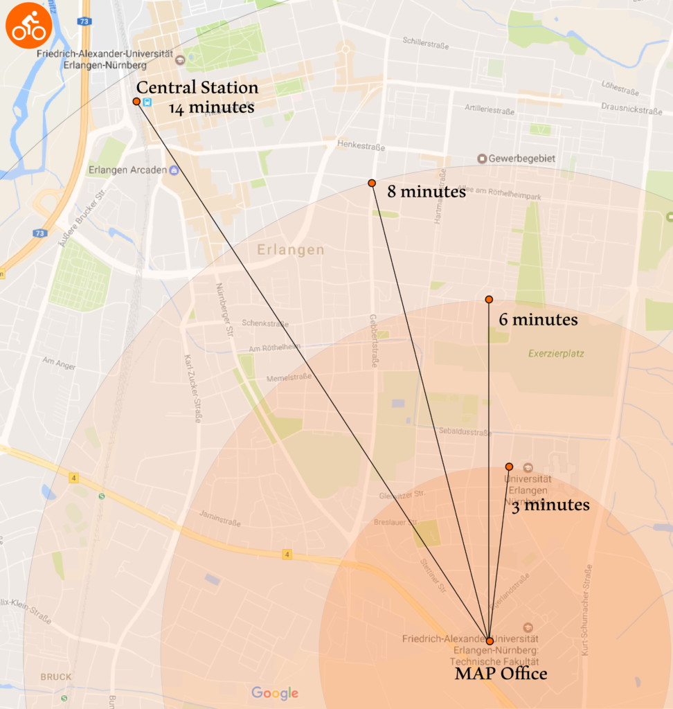 This map provides and overview of how the MAP Office can be reached from different places in Erlangen by bike.