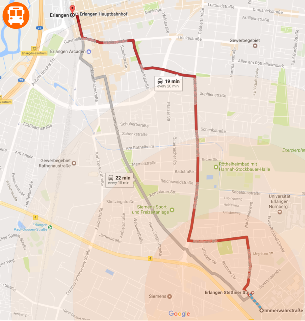 This map shows the different ways how to reach the MAP Office by public transport from Erlangen main station and how much time is approximately needed.