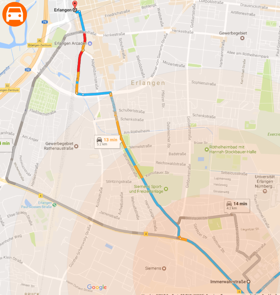 This map shows the different ways how to reach the MAP Office by car from Erlangen main station and how much time is approximately needed.